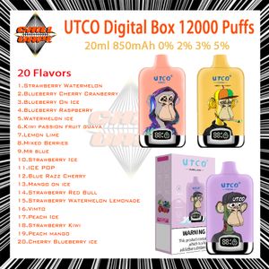 Original UTCO Digital Box 12000 Puff Disposable E Cigaretter Mesh Coil 20 ml POD 850 mAh Uppladdningsbart batteri 0% 2% 3% 5% Färger Vaporizers Puff 12K Kit