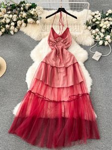 Casual Dresses Singreiny Backless Mesh Vacation Dress Women Red Transparent High Quality Fashion 2024 Female Slim A Line Maxi