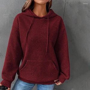 Bluzy damskie jesienne ubrania dla kobiet luźne topy z długimi rękawami z kieszeniami z kapturem Pullover Waffle miękka i wygodna bluza