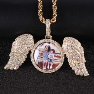 Angel Wings Large Photo Frame Pendant Full of Zircon Hip Hop Necklace Jewelry