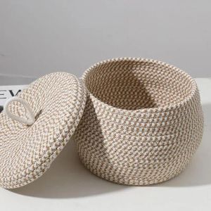 Baskets Rope Woven Storage Baskets Round Makeup Napkins Key Cosmetics Storage Basket Hamper Sundries Organizer Box With Lid For Tabletop