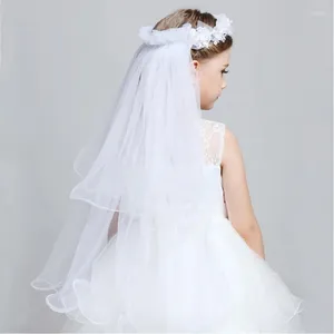 Bridal Veils Children Little Princess Hairband Double Layers Tulle Flowers Garland Ruffles Floral Lace Wedding Party Wreath