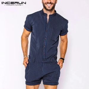 Incerun Men listrado macacão de suporte respirável colarinho de manga curta Torros de playswear moda moda de moda de panos de leite shorts s-5xl 240420