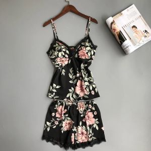 Enhancer Summer Pyjama Spaghetti Strap Printing Spets Sexiga kvinnor Pamas Vneck+Breast Pad Femme Fashion Flower Pamas Suit