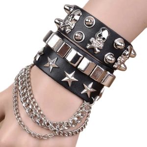 Странды черные кожаные манжеты браслет Goth Gothic Metal заклепки панк -скелет звездные браслеты для женщин мужчинами повязки косплей косплей