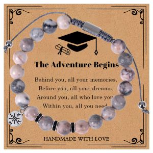 2024 Graduation Bracelets Gift Inspirational Compass Bracelet for Women Pink Zebra Stone Bracelet Message Card Charm Jewelry