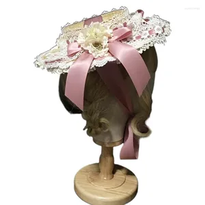 Szerokie brzegi czapki kobiety dziewczyny elegancki herbata płaska czapka wielowarstwowa koronkowa maska ​​sztuczna kwiatowa wstążka łuk słomka plaża na słońce