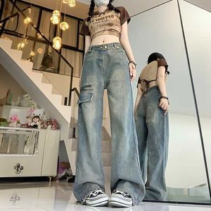 Frauen Jeans hohe taillierte Retro -Blue -Jeans für Frauen Y2K Baggy gerade gewaschene Jeanshosen Mode weibliche lässige Baumwollweite Hosen 18 Y240422