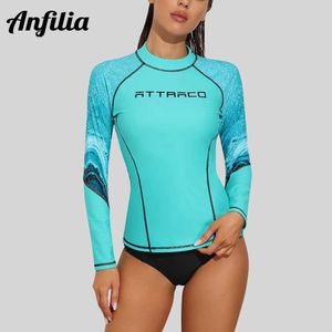 Schwimmkleidung Anfilia Womens Langarm Sonnenschutz Top Farbe Block Badeanzug oben 50+ 240423