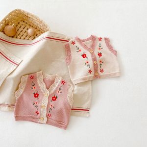 Mäntel 03y niedliche Herbst -Baby -Mädchen Weste Strickjacke Baumwolle gestickelt Vneck Weste Frühling Kind Kind Mädchen Kleidung