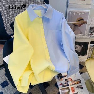 Polos İlkbahar ve Sonbahar 2023 Yeni Sarı Yaka Mavi Gömlek Tuz Kız Uzun Kollu Moda Polo Yaka Gevşek Kore Günlük Kolej Tarzı