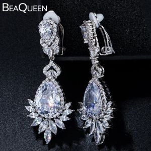 Earrings BeaQueen Gorgeous Long Water Drop Clip On Non Pierced Wedding Earrings Cubic Zirconia Crystal No Hole Ear Women Jewelry E205