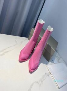 Punta di punta Botas inverno stivali in pelle genuina stivali con scarpa da scarpa tacco alto rosa Scarpe con stivale robusto con zip woman9564216