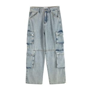 Мужские джинсы боковой карман вымытый светло -голубой мешковие для мужчин Прямые повседневные джинсовые брюки Негабаритные грузовые брюки.