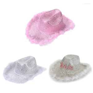 Berets Western Windproof Cowboy Hats z pluszowym wykończeniem szerokie cekiny Brims Felts Hat F0t5