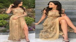 Luksusowe złote arabskie długie rękawy Sukienki balowe Sheer Illusion Skromna załoga szyja koronkowe sukienki imprezowe podzielone formalne sukienki wieczorowe 1194463