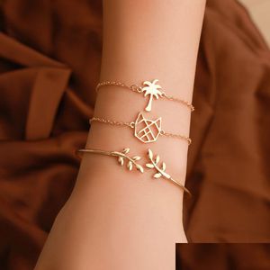 Charm Bracelets Hollow Cat Coconut Tree Leaf 3-Piece Bracelet Cute Fashion Folk-Cutom Bangle Gold/Sier Plated Girl Party Jewelry Gift Dh3Ir