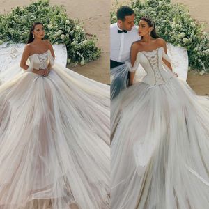 Simple Wedding Dresses Off Shoulder Bridal Gowns A Line Lace Up Custom Made Illusion Princess Sweep Train Bride Dress Vestido de novia