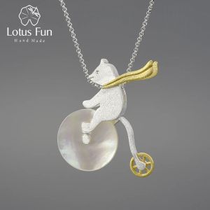 Necklaces Lotus Fun Real 925 Sterling Silver Handmade Design Fashion Jewelry Cute Bicycle Riding Bear Pendant without Necklace for Women