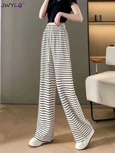 Women's Jeans Harajuku Stripde Wide Leg Pants Women Casual Baggy Straight Pantnes Korean Fashion Spodnie Spring Elastic High Waist Trousers Y240422