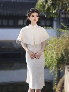 Etnisk kläder Spring/Summer Composite Lace Cloak and Shoulder Set Traditionell kinesisk stil Slim Mandarin Collar Cheongsam