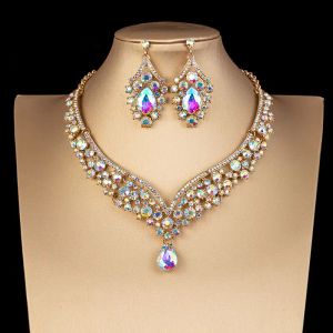 Kolyeler Lüks Kristal AB Renkli Ceza Kolye Küpe Seti Gelin Düğün Partisi Kostümü Bijoux Femme için Rhinestone Gelin Takı Setleri