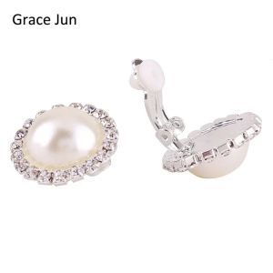 Orecchini Grace Jun Nuovo design Clip di strass a forma rotonda a doppia forma su orecchini senza piercing alla moda simulato auricolare clip perle