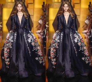 Elie Saab Black Prom Dresses Deep V Neck Long Sleeves Satin Sweep Train A Line Evening Gowns Party Dress Red Carpet Celebrity Dres1659804