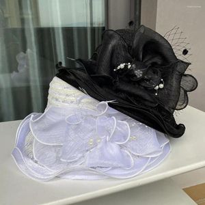 Bred Brim Hats Tea Party Sun Hat Elegant Vintage Style Women's Fisherman With Lace Bow Faux Pearl Feather Decor för Prom