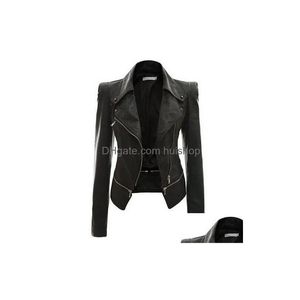 Damenjacken Herbst Punk Style Frauen PU Lederjacke Schwarz Slim Reißverschluss Reverskragen Motor cool