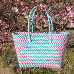 Drawstring Design PVC Woven Women Bag Large Capacity Tote Handbag Hand Color Contrast Beach