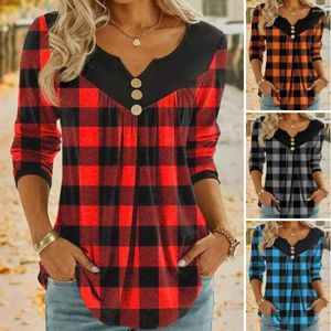 Women's Blouses Women Regular Fit T-shirt Festive Plaid V-neck Blouse With Button Detailing Christmas Tunic For Streetwear Holiday