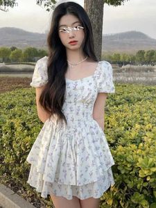 Urban sexy Kleider hohe Taille Kleiderinnen Frauen Sommer floraler süßer Quadrathälfte Puffhülle Prinzessin Girlisch zärtlicher eleganter koreanischer Stil Preppy Chicl2404