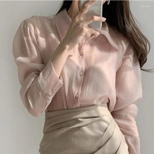 Kvinnors blusar temperament koreanska topp lös långärmad rosa perspektiv skjorta blusas femininas elegantes toppar mujer tunna blus ol skjortor