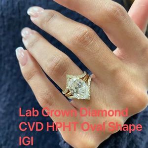 Clusterringe AeeAw 14K Gelbgold Oval Cut de gegen Labor DIAMOND -Verlobungsring 4 (Hauptring) CVD HPHT IGI