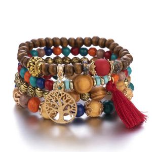 Strands 4pcs Bohemia Árvore da vida Charme Pulseira de miçangas Conjunto para mulheres Bertes de madeira artesanal Bangle de cadeia Bangle Boho Jóias Acessórios