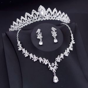 Colares de jóias de coroa de luxo conjuntos de jóias de coroas de noiva Brincos de colar de tiaras conjuntos de jóias de noiva do baile de partida de princesa