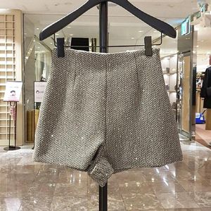 Kvinnors shorts franska eleganta tweed -paljetter för kvinnor med hög midja casual bred ben korta byxor mode