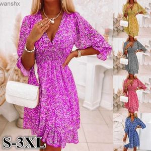 Basic Casual Dresses 2023 Women Summer Fashion Bohemian Dress Nipped Waist Pullover Deep V Neck Beach Dress Print Short-sleeve Floral Bright DressL2404