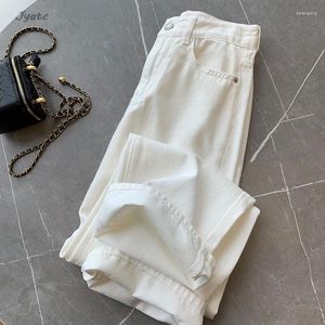 Jeans femininos Primavera Moda do verão Branca Casual cor sólida perna larga Pant algodão Comfort Comfort High Casting Straight Denim Trouser 2024