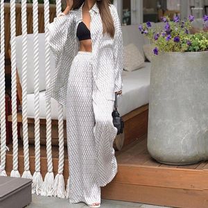 Women's Two Piece Pants 2024 Spring Loose Printed Two-Piece Suit Women Long Sleeve Cardigan Turn-down Collar Shirt High Waist Wide Leg