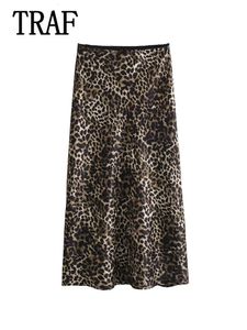Traf kvinnor vintage chic leopard kjol 2024 mode vår sommarlovskvinnor kjol kvinnor dragkedja lång rak kjol 240408