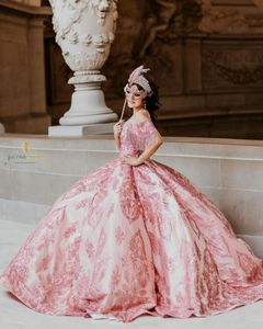 Rose Pink Sparkly Princess Quinceanera Dresses Luxury Applique Gillter Tassle Off Shoulder Puffy vestido de 15 quinceanera