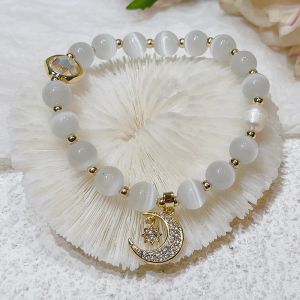 Strands Cat/Fox/Moon/Mermaid Tail Lucky White Cat's Eye Stones Beaded Bracelets for Women Girls Fashion Jewelry Christmas Gifts YBR603