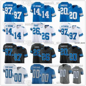 Nova Jerseys para 2024 Football 97 Aidanhutchinson 20 Barry Sanders 16 Jared Goff 14 Amon-ra St. Brown 26 Jahmyr Gibbs 44 Malcolm Rodriguez 5 David Montgomery Melhor costurado