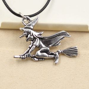 Necklaces New Fashion Tibetan Silver Color Pendant Witch Besom Necklace Choker Charm Black Leather Cord Factory Price Handmade Jewelry