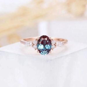 Anéis CXSJeremy 14K 585 Rose Gold 6*8mm 1,5ct Laboratório Oval Cut Alexandrite Anel de noivado Vintage Bandy Bridal Anniversary