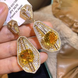 Drop Earring for Women 925 Silver Needle Shine Yellow Zirconia Fine Jewelry Fashion Accessories Luxury Party Dingle Earrings 240422