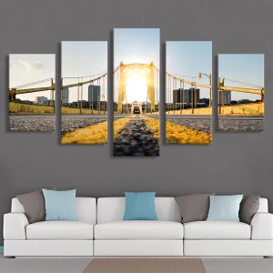 5 Panels Modern Huge Bridge Gate Bridge Canvas Painting Wall Pictures Yellow London City Posters for Living Room Decor Unframed