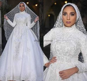 Muslim Dubai Arabisch eine Linie Brautkleider mit langen Ärmeln hoher Nackenspitze Applique Perlen Kirchenbrautkleider Turkisch Kaftan marokkanischer Vestidos de Novia al8084